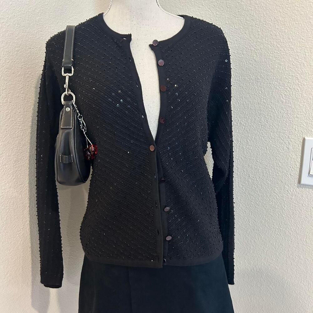 Robert Scott black fully beaded cotton cardigan. Size petite medoim